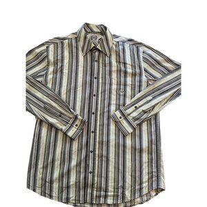 Cinch Long Sleeve Large Gray‎ with Light Yellow/Green and White Stripes